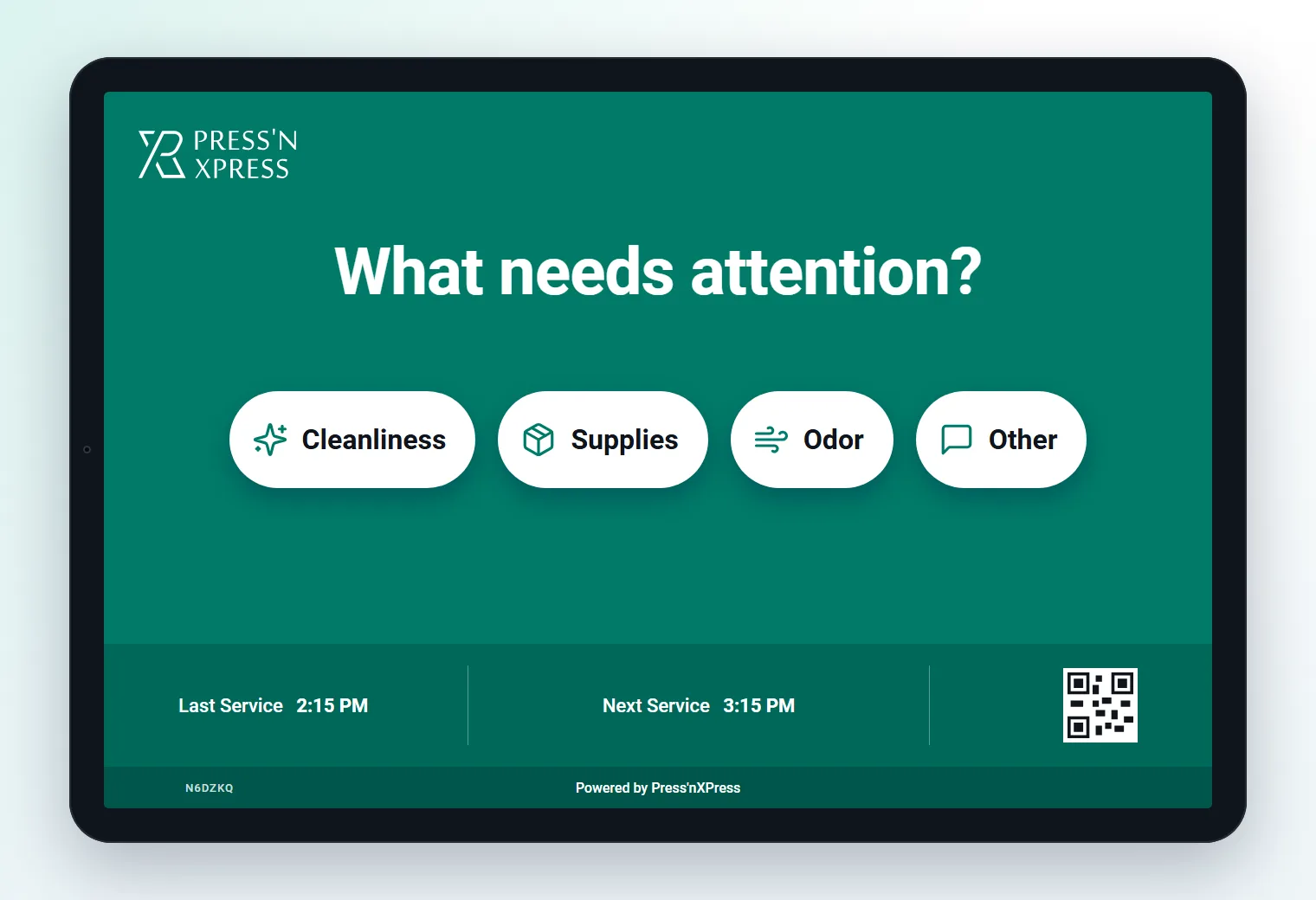 Washroom feedback tablet follow-up screen asking "What needs attention?" with Cleanliness, Supplies, Odor and Other buttons above a last and next service bar