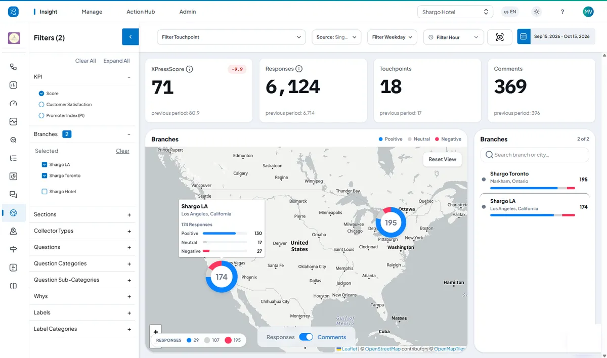 Press'nXPress branch map comparing positive, neutral and negative feedback kiosk results by location