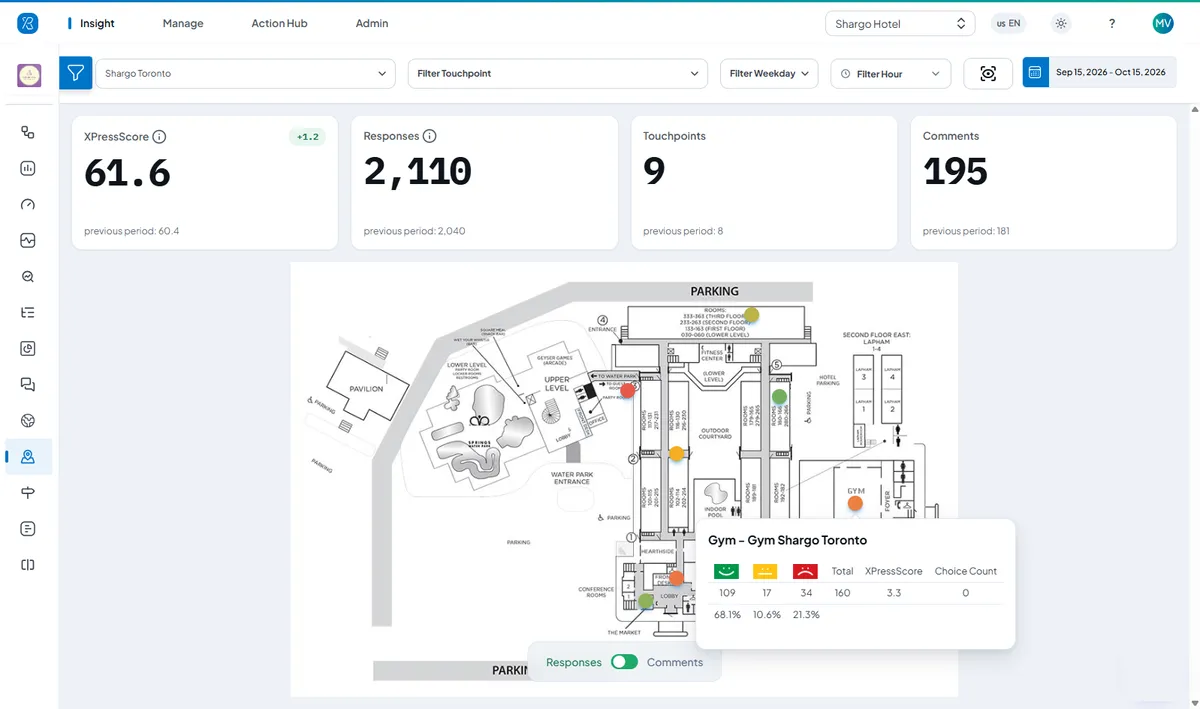 Floor plan of a building with colored feedback scores pinned to each area