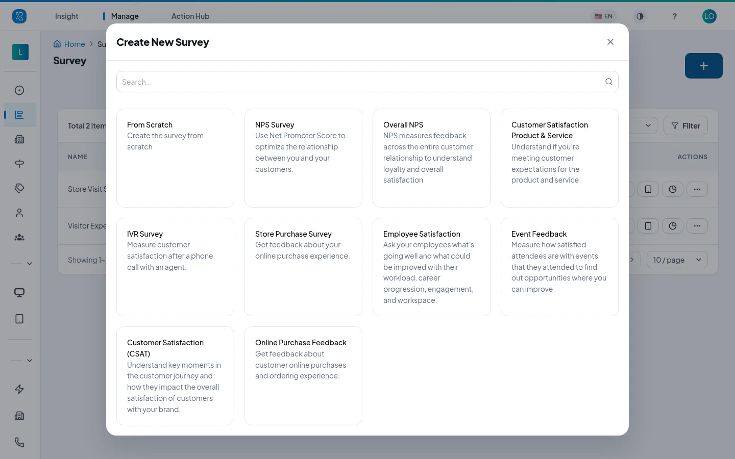 PXP survey templates Create New Survey window listing From Scratch and templates such as NPS Survey, IVR Survey, Store Purchase Survey, Employee Satisfaction and Event Feedback