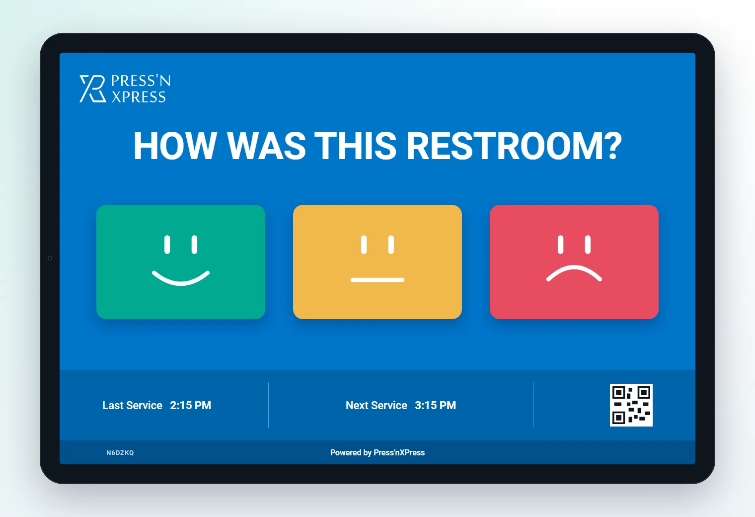 Smart restroom display with last and next cleaning service times Restroom feedback tablet asking 'How was this restroom?' with three smiley buttons above a bar showing the last service and next service times